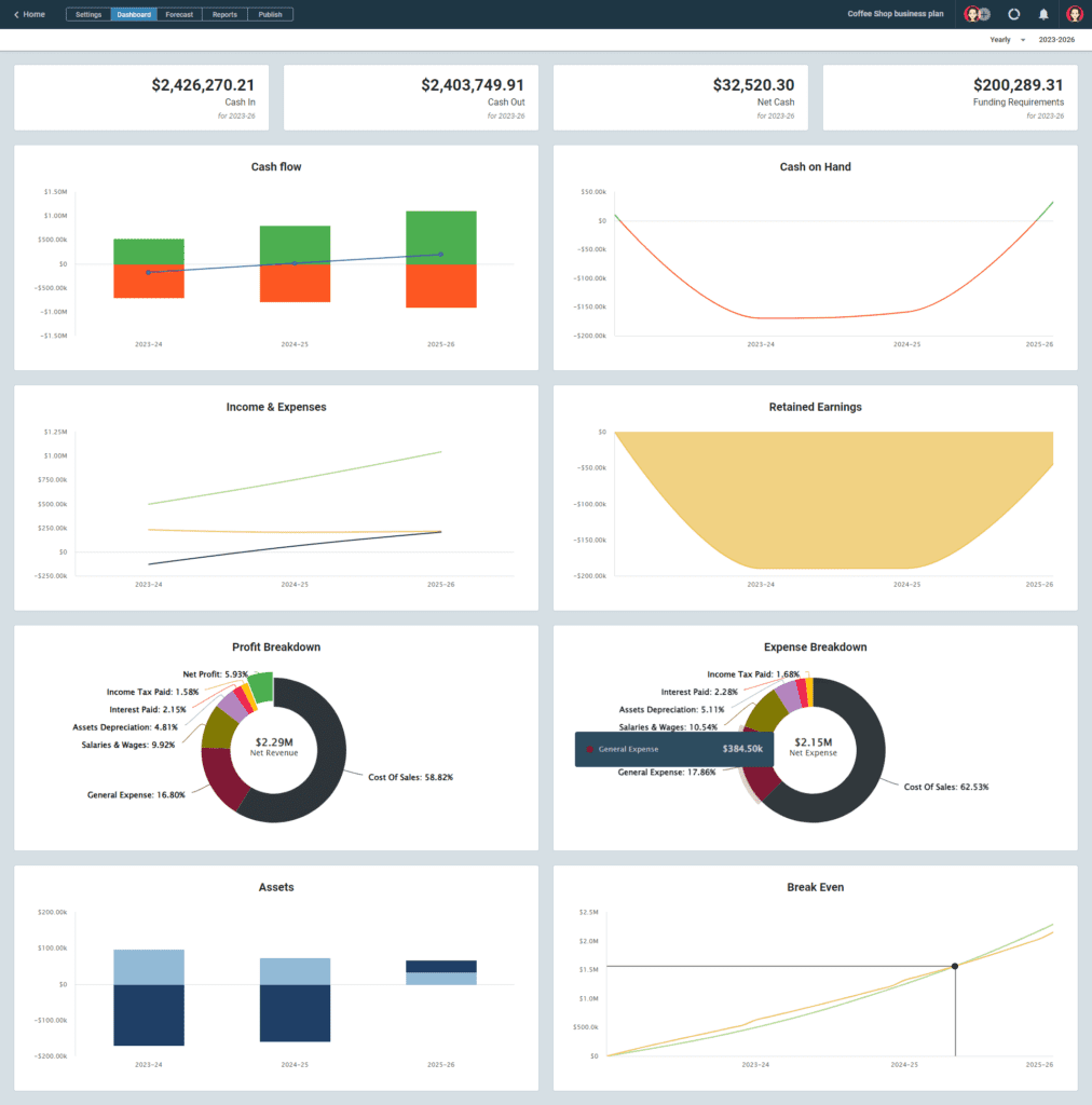 Upmetrics financial projections visual report