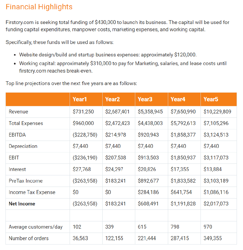 financial highlights for ecommerce business plan
