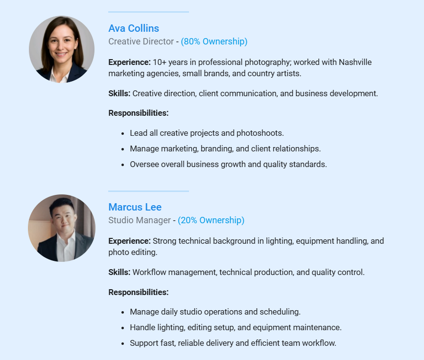 Photography business plan ownership