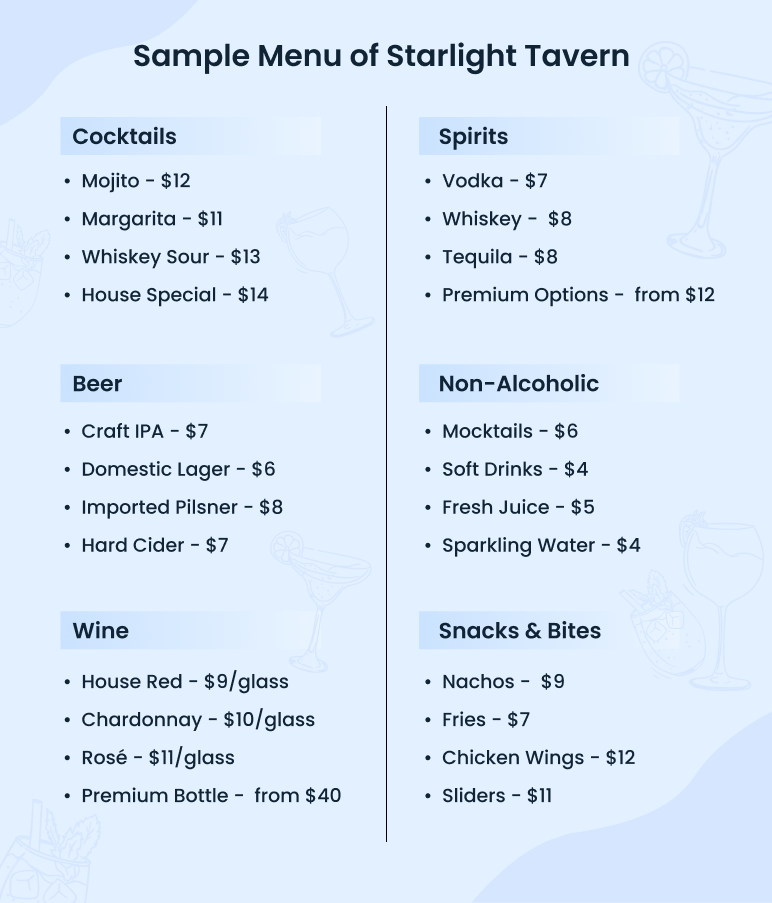 sample menu of starlight tavern bar