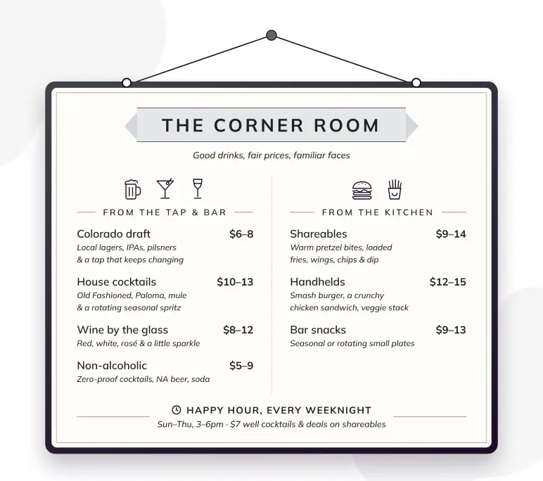 Menu and beverage offering for The Corner Room with drink and food price ranges