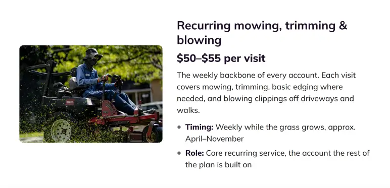 Core recurring service card for weekly lawn mowing
