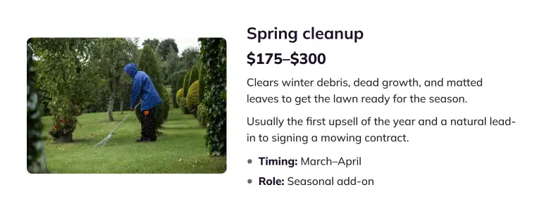 Spring cleanup service card showing pricing, timing, and role