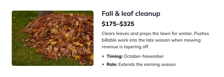 Fall and leaf cleanup service card showing pricing, timing, and role