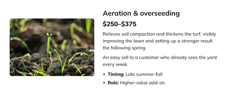 Aeration and overseeding service card showing pricing and role