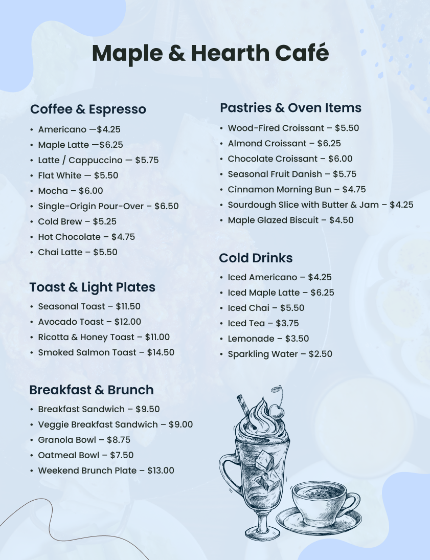 Cafe business plan menu