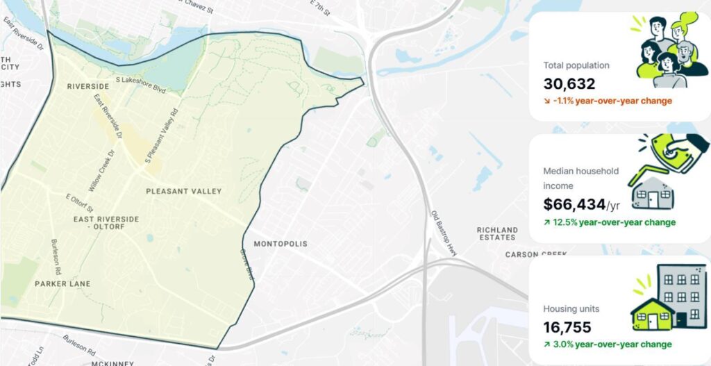 East Riverside-Oltorf neighborhood demographics map showing population and income data