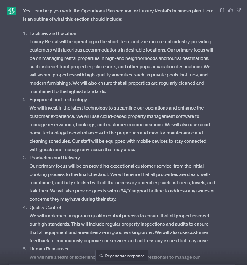 Operation plan response of chatgpt