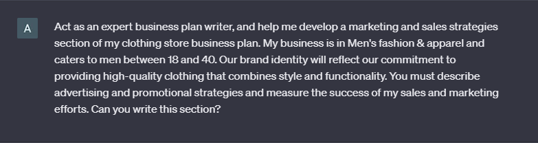 business plan with chat gpt marketing and sales strategies prompt