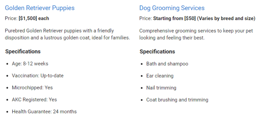 Products and Service Section Example for Dog Breeding Business
