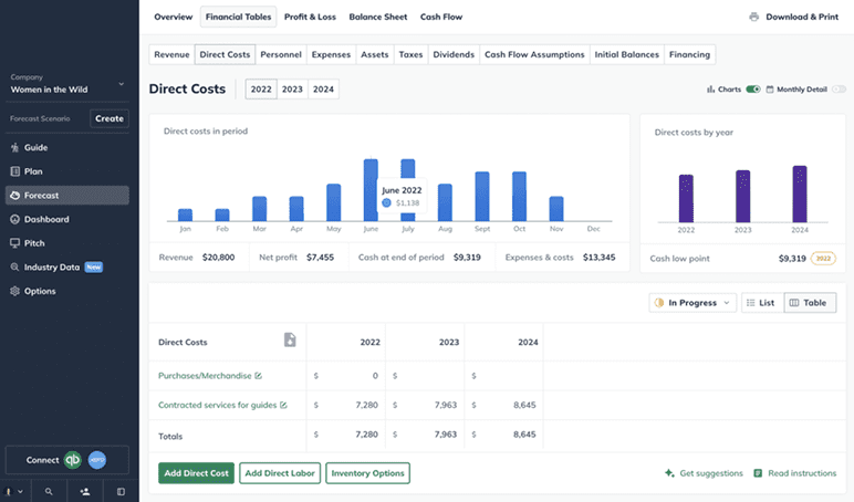 Liveplan financial tables
