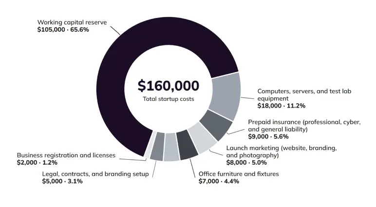 Startup Costs breakdown of the $160,000 total by category