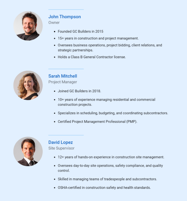 management team of general contractor business plan