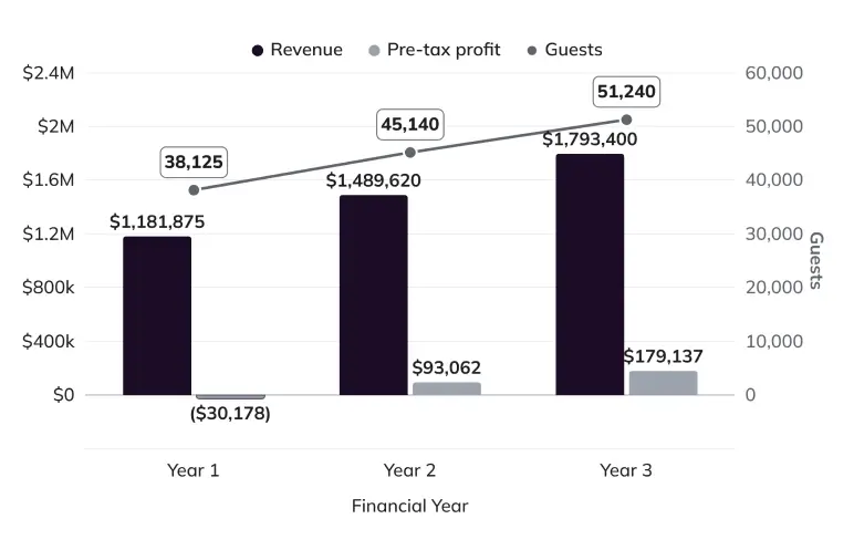 Executive Summary chart of 3-year revenue, pre-tax profit and guest projections