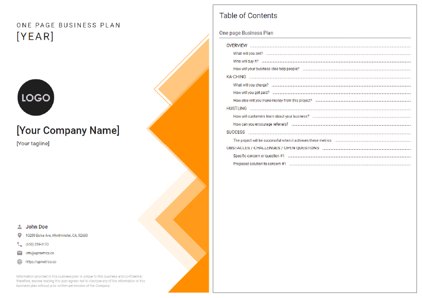 one page business plan template