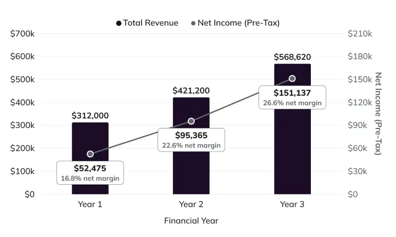 Profit and loss statement chart showing three-year projections