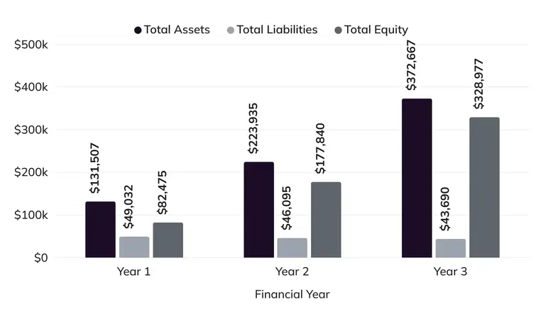 Balance sheet chart showing three-year projections