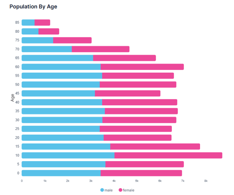 Target market age demographics population by age chart for Bastrop County