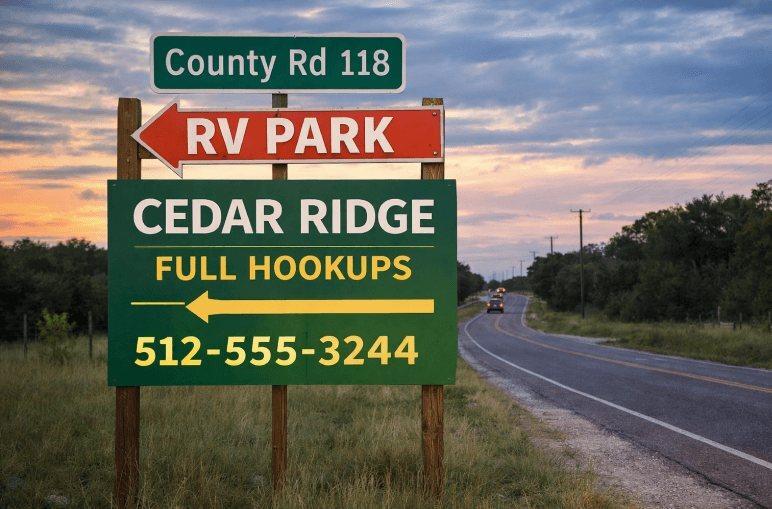 Highway signage for Cedar Ridge RV Park on County Road 118 Bastrop Texas