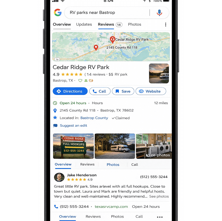Google Business Profile mockup for Cedar Ridge RV Park showing 4.9 star rating