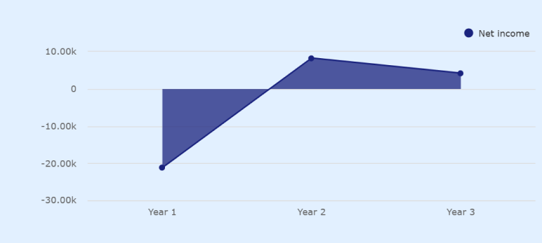 Net income chart showing Year 1 through Year 3 projections for RV park business plan