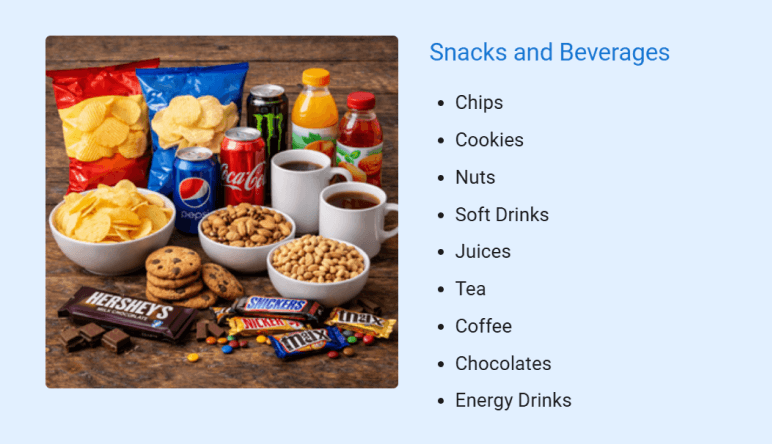 Snacks and beverages products available at Riverside Market Grocery