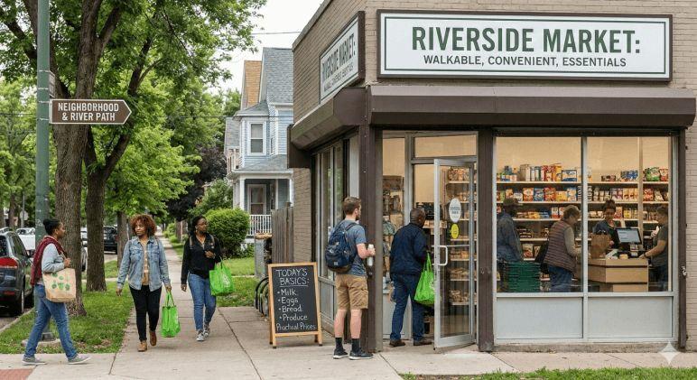 Riverside Market neighborhood grocery store storefront