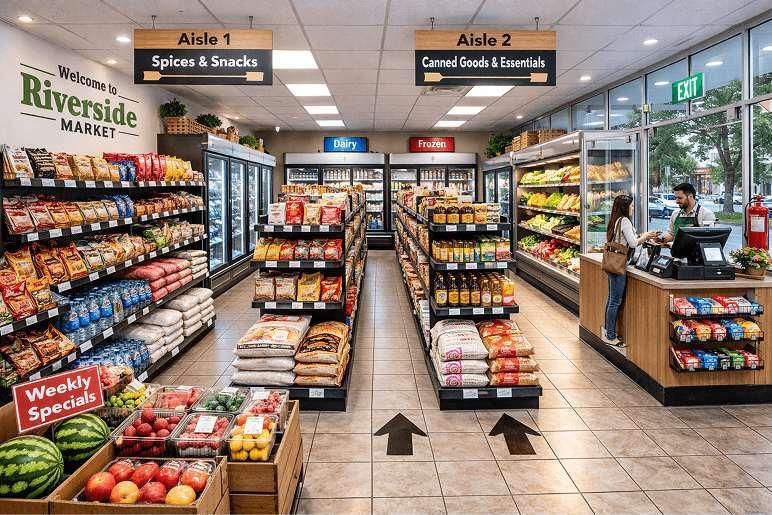 Riverside Market Grocery store interior layout