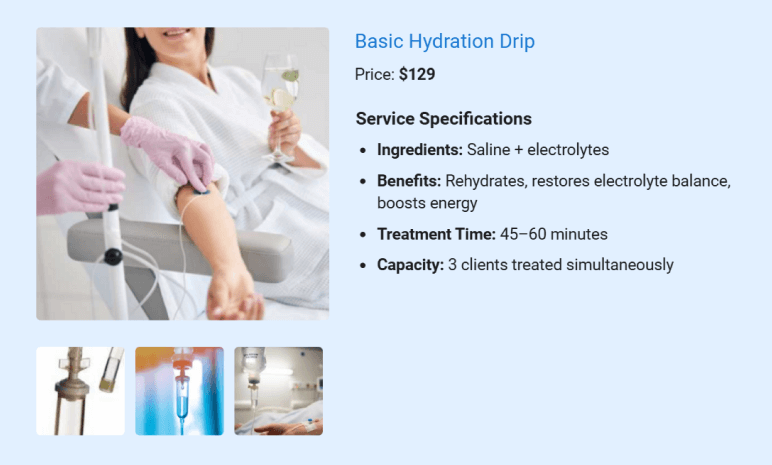 Basic Hydration Drip package details for IV hydration clinic