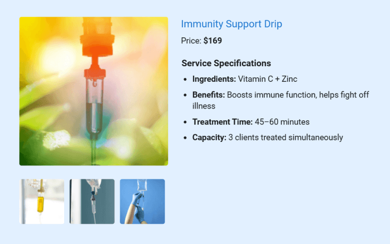 Immunity Support Drip package details for IV hydration clinic