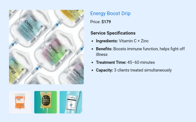 Energy Boost Drip package details for IV hydration clinic