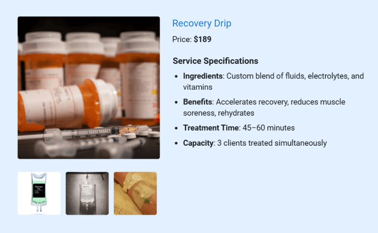 Recovery Drip package details for IV hydration clinic