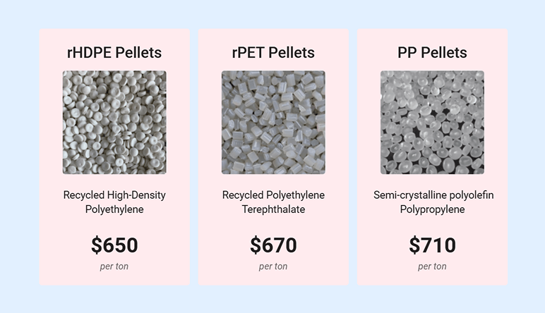 Recycled pellet products including rHDPE rPET and PP pellets with pricing