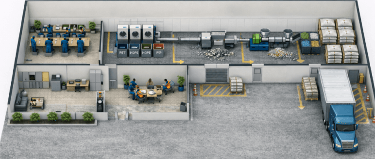 Facility layout showing sorting cleaning shredding pelletizing and storage areas