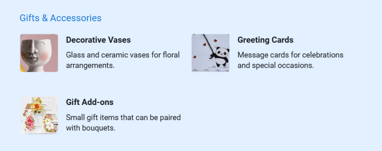 Gifts and accessories product offerings at Blossom & Vine Florals