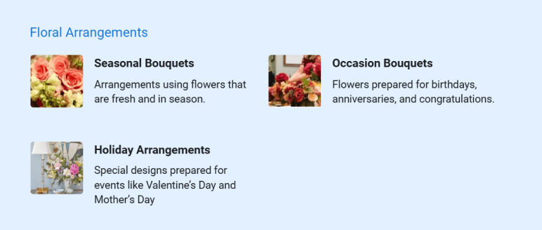 Fresh floral arrangements product offerings at Blossom & Vine Florals