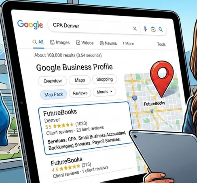 Google Business Profile search result mockup for FutureBooks accounting firm