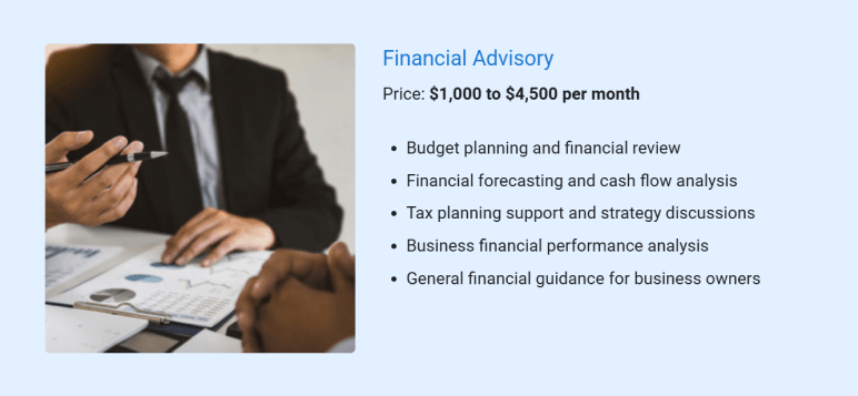 Financial advisory service details for accounting business plan