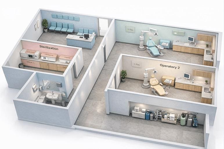 Dental office floor plan showing two operatories and sterilization room