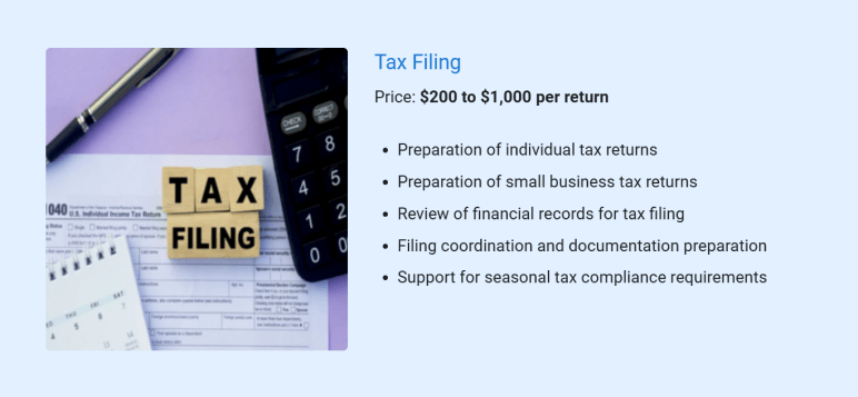 Tax filing services details for accounting business plan