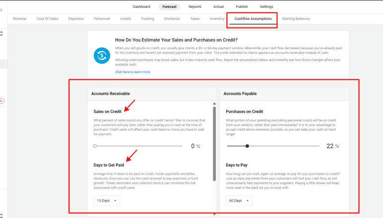Upmetrics accounts receivable forecasting inputs for sales on credit and days to get paid