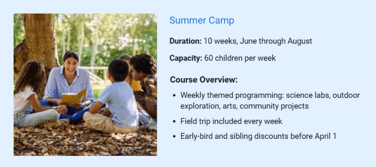Summer camp activities offered in the after-school program