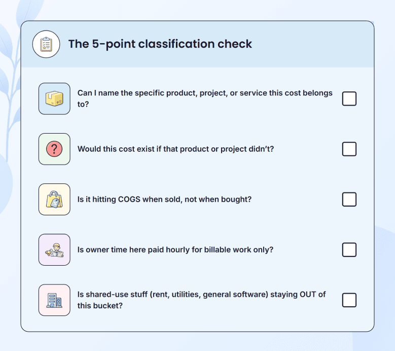 Checklist showing the inventory mistake to avoid in direct costs