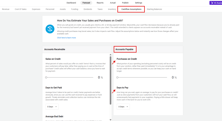 Cash flow assumptions screen showing Days to Pay and Purchases on Credit for accounts payable