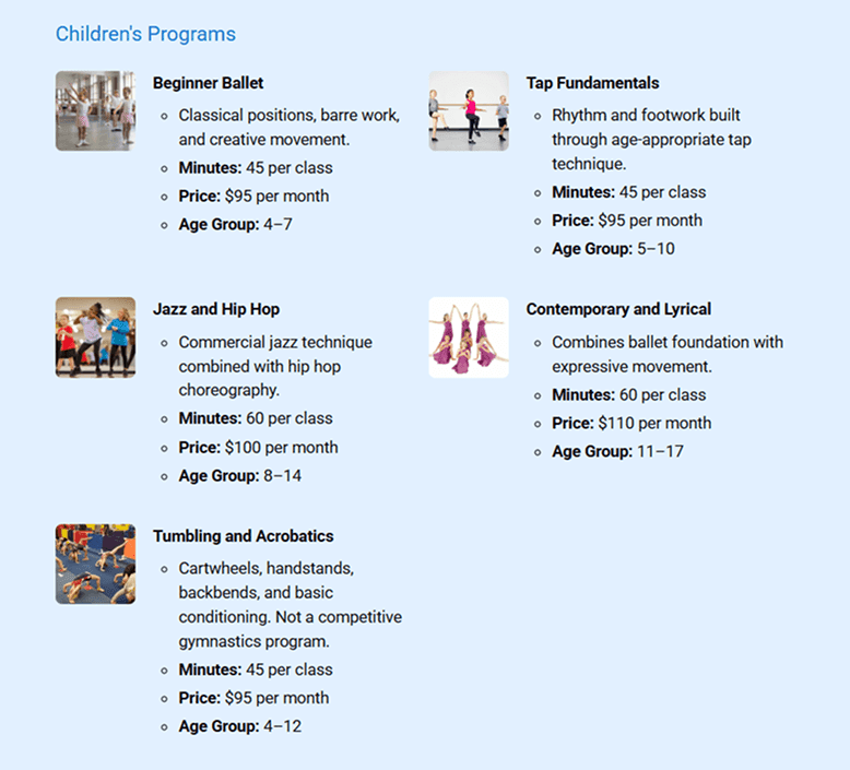 Children's dance programs overview with age groups and styles