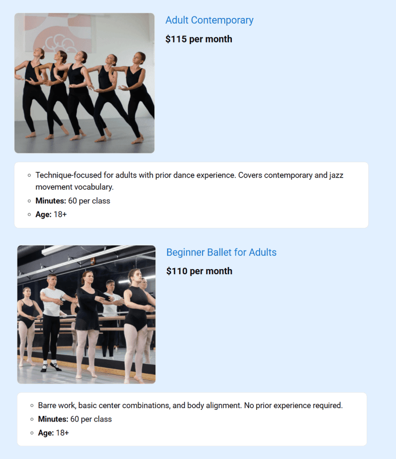 Adult dance programs schedule with class types and pricing