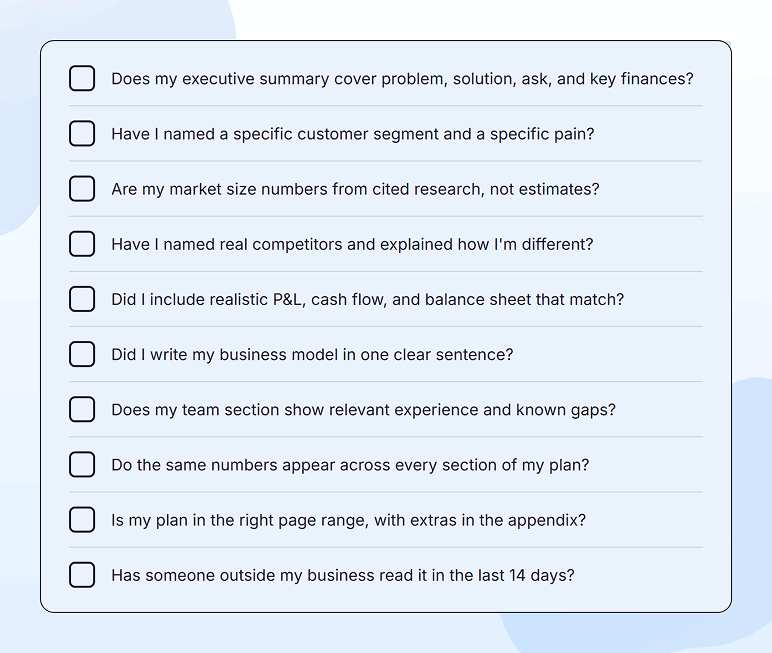 Pre-submission checklist for fixing common business plan mistakes