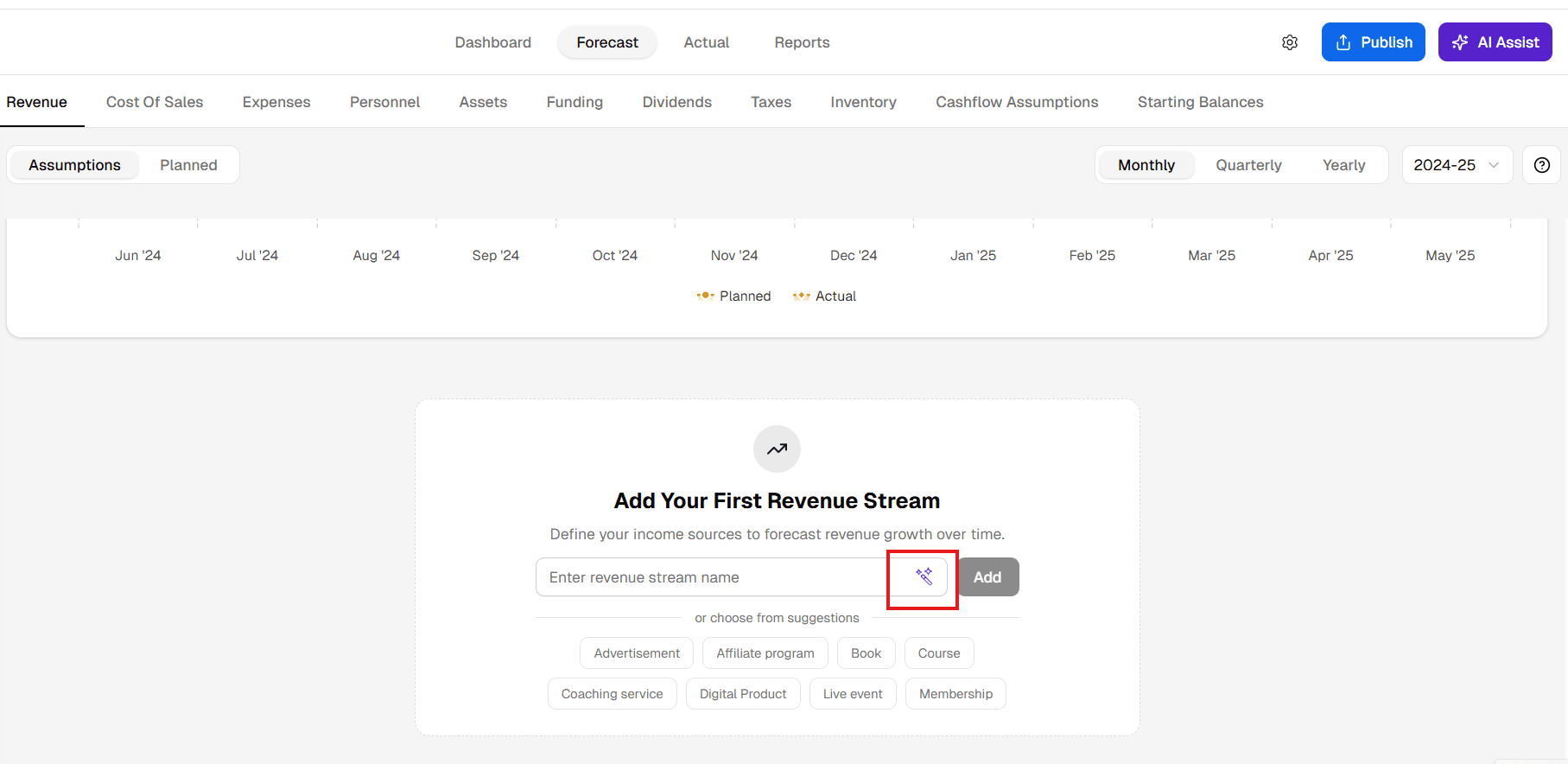 Setting up the financial plan inside Upmetrics forecast builder