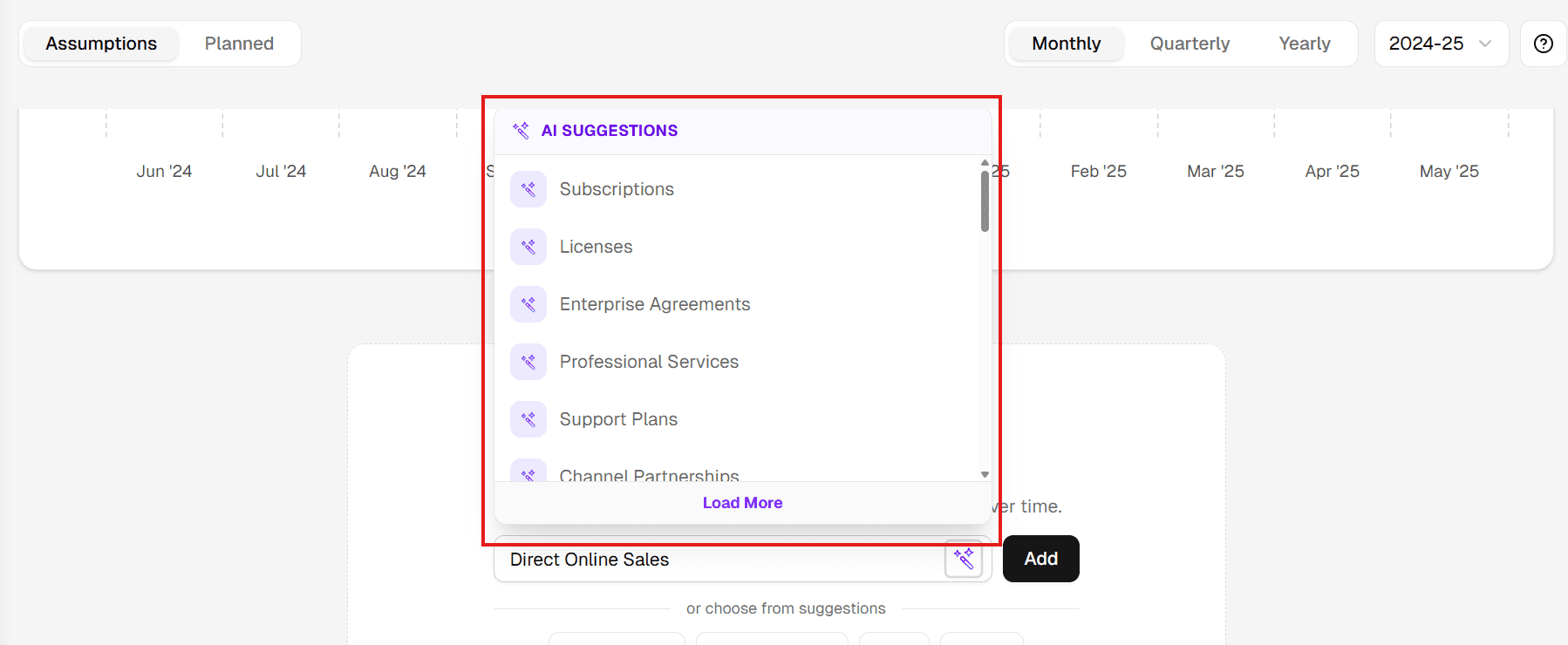 Configuring revenue and expense lines for the plan in Upmetrics