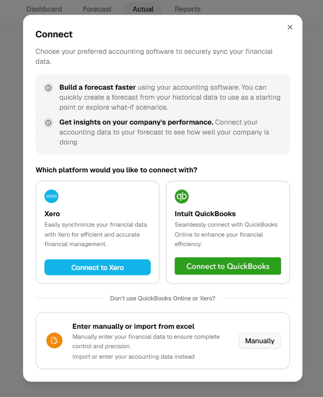 Upmetrics interface for inputting actual numbers against the plan